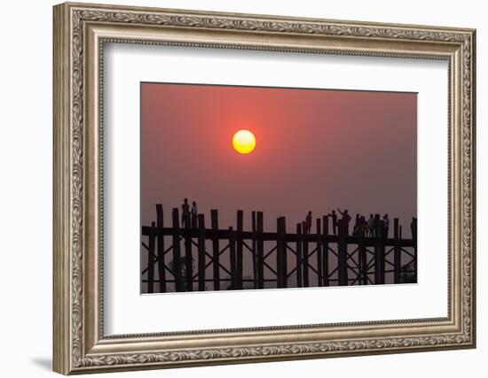 People walking on U-Bein bridge over Taung Tha Man Lake at sunset, Amarapura, Mandalay, Myanmar-Jan Miracky-Framed Photographic Print