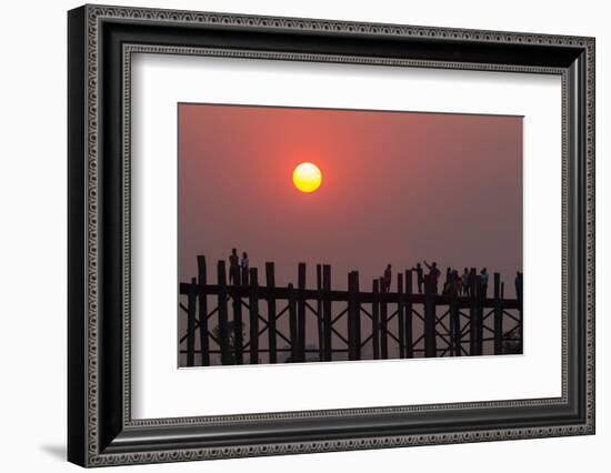 People walking on U-Bein bridge over Taung Tha Man Lake at sunset, Amarapura, Mandalay, Myanmar-Jan Miracky-Framed Photographic Print