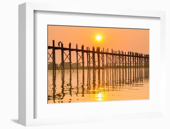 People walking on U-Bein bridge over Taung Tha Man Lake at sunset, Amarapura, Mandalay, Myanmar-Jan Miracky-Framed Photographic Print