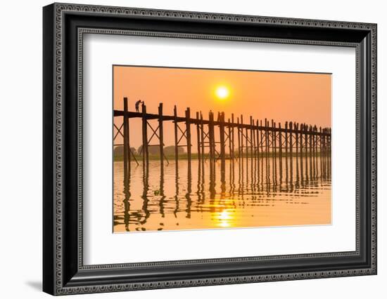 People walking on U-Bein bridge over Taung Tha Man Lake at sunset, Amarapura, Mandalay, Myanmar-Jan Miracky-Framed Photographic Print