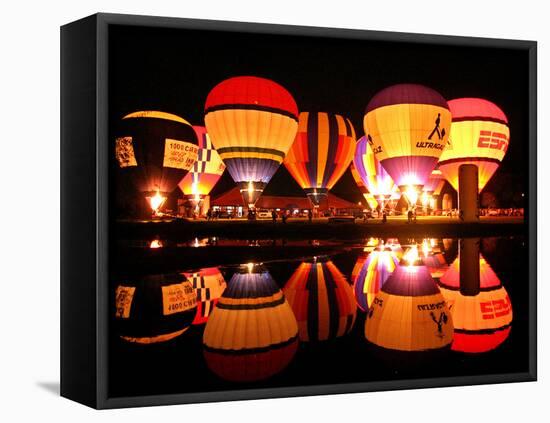 People Watch Hot Air Balloons as They Reflect off the Barigui Lake-null-Framed Premier Image Canvas