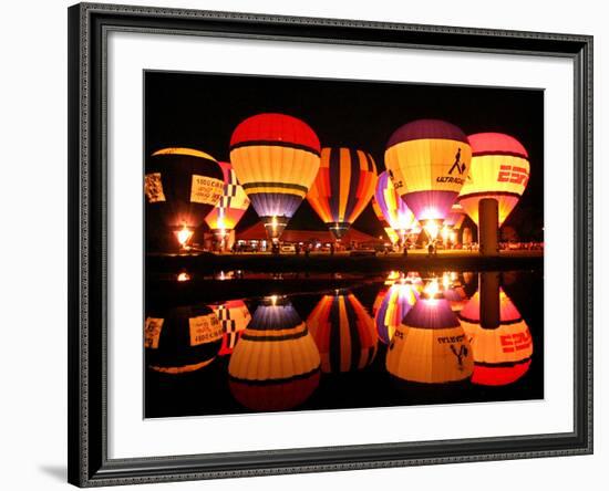 People Watch Hot Air Balloons as They Reflect off the Barigui Lake-null-Framed Photographic Print