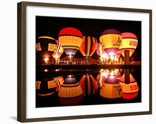 People Watch Hot Air Balloons as They Reflect off the Barigui Lake-null-Framed Photographic Print