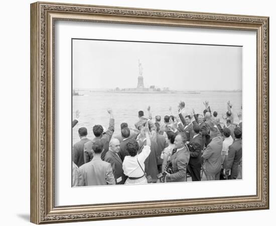 People Waving to the Statue of Liberty-null-Framed Photographic Print