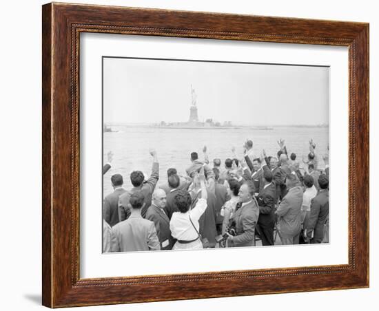 People Waving to the Statue of Liberty-null-Framed Photographic Print