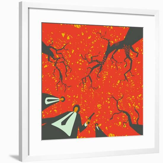 People with Gun in the Autumn Forest Solve their Problems-JoeBakal-Framed Art Print