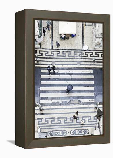 People with Umbrellas, Vertical View from the Elevador De Santa Justa, Lisbon-Axel Schmies-Framed Premier Image Canvas