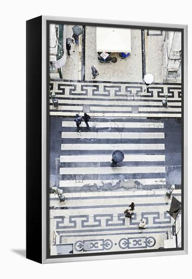 People with Umbrellas, Vertical View from the Elevador De Santa Justa, Lisbon-Axel Schmies-Framed Premier Image Canvas