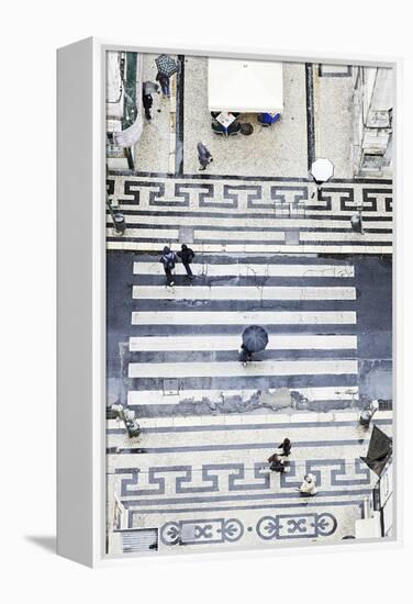 People with Umbrellas, Vertical View from the Elevador De Santa Justa, Lisbon-Axel Schmies-Framed Premier Image Canvas