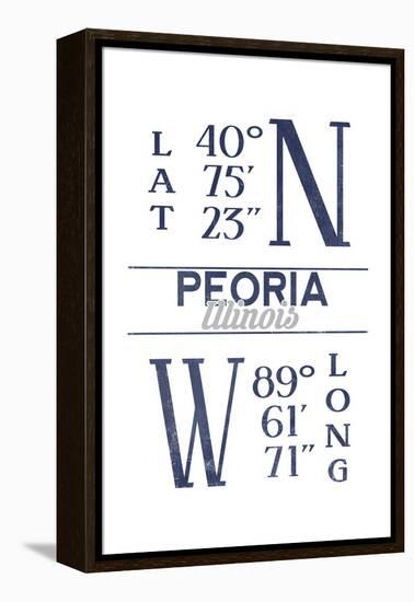 Peoria, Illinois - Latitude and Longitude (Blue)-Lantern Press-Framed Stretched Canvas