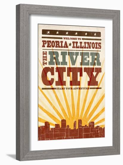 Peoria, Illinois - Skyline and Sunburst Screenprint Style-Lantern Press-Framed Art Print