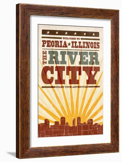 Peoria, Illinois - Skyline and Sunburst Screenprint Style-Lantern Press-Framed Art Print