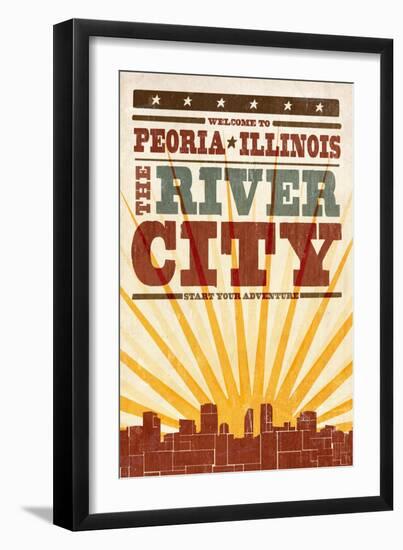 Peoria, Illinois - Skyline and Sunburst Screenprint Style-Lantern Press-Framed Art Print