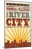 Peoria, Illinois - Skyline and Sunburst Screenprint Style-Lantern Press-Mounted Art Print