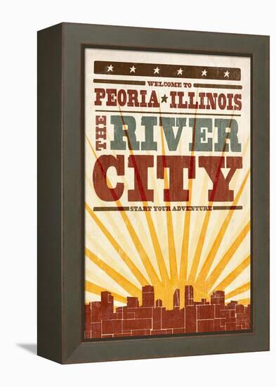 Peoria, Illinois - Skyline and Sunburst Screenprint Style-Lantern Press-Framed Stretched Canvas