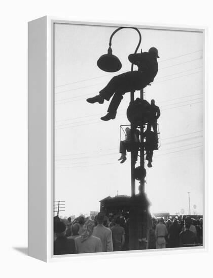 Perched on a Railroad Signal Youths Waiting to See a Glimpse of Adlai E. Stevenson-Cornell Capa-Framed Premier Image Canvas