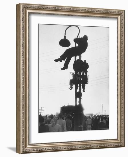 Perched on a Railroad Signal Youths Waiting to See a Glimpse of Adlai E. Stevenson-Cornell Capa-Framed Photographic Print