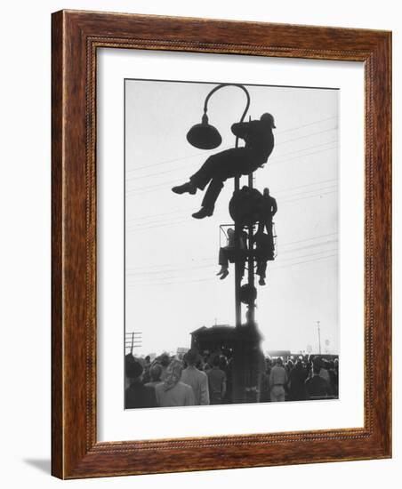 Perched on a Railroad Signal Youths Waiting to See a Glimpse of Adlai E. Stevenson-Cornell Capa-Framed Photographic Print