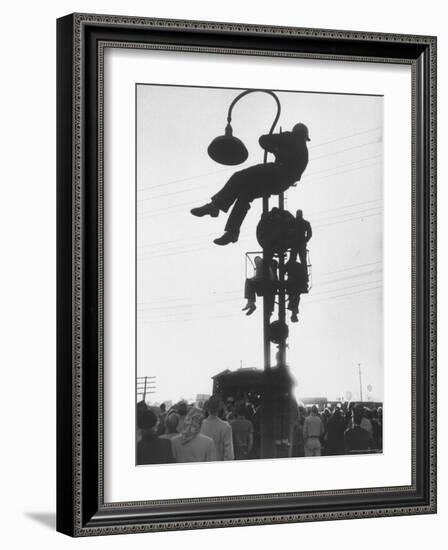Perched on a Railroad Signal Youths Waiting to See a Glimpse of Adlai E. Stevenson-Cornell Capa-Framed Photographic Print