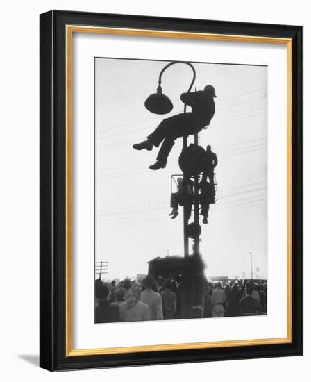 Perched on a Railroad Signal Youths Waiting to See a Glimpse of Adlai E. Stevenson-Cornell Capa-Framed Photographic Print