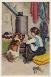 Girl a Large Dog and a Small Cat Sit Warming Themselves at an Open Stove-Percy Harland Fisher-Art Print