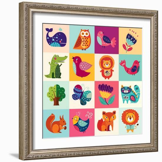 Perfect Vector Set of Illustration in Cartoon Naive Style with Funny Animals and Birds. Lovely Cute-Molesko Studio-Framed Art Print