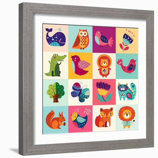 Perfect Vector Set of Illustration in Cartoon Naive Style with Funny Animals and Birds. Lovely Cute-Molesko Studio-Framed Art Print