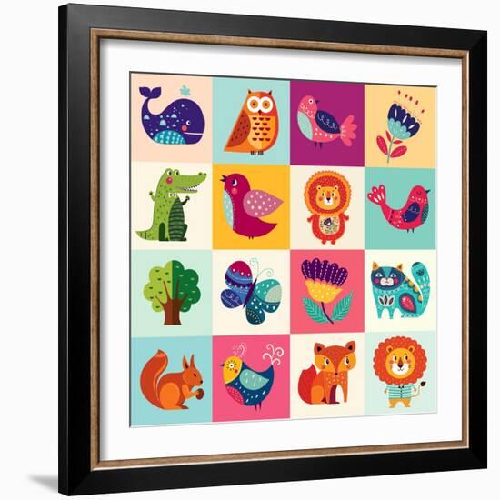Perfect Vector Set of Illustration in Cartoon Naive Style with Funny Animals and Birds. Lovely Cute-Molesko Studio-Framed Art Print