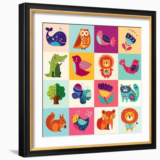 Perfect Vector Set of Illustration in Cartoon Naive Style with Funny Animals and Birds. Lovely Cute-Molesko Studio-Framed Art Print