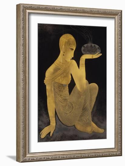 'Perfume'. A maiden scantily clad in an oriental style shawl, holding an incense burner. C. 1925-Jean Dunand-Framed Giclee Print