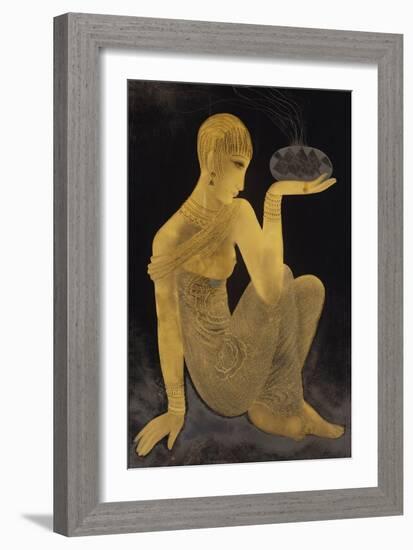 'Perfume'. A maiden scantily clad in an oriental style shawl, holding an incense burner. C. 1925-Jean Dunand-Framed Giclee Print