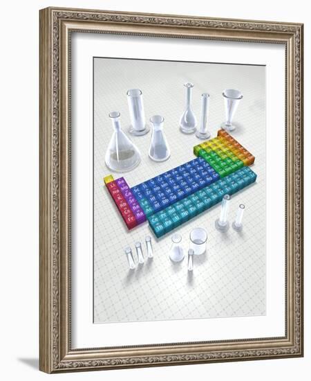 Periodic table of the elements with glassware-null-Framed Photographic Print