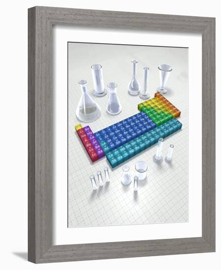 Periodic table of the elements with glassware-null-Framed Photographic Print