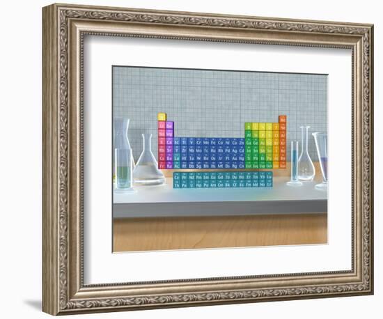 Periodic table of the elements with glassware-null-Framed Photographic Print