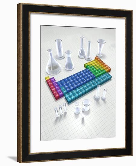 Periodic table of the elements with glassware-null-Framed Photographic Print