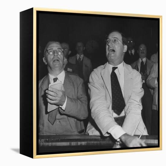 Perry E. Moore and Leslie J. Healey Shouting on Floor of Stock Exchange-Herbert Gehr-Framed Premier Image Canvas