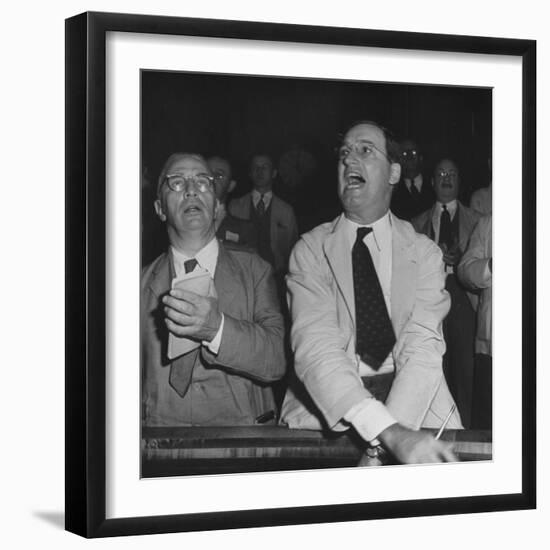 Perry E. Moore and Leslie J. Healey Shouting on Floor of Stock Exchange-Herbert Gehr-Framed Photographic Print