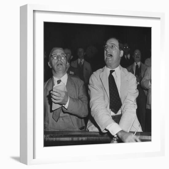 Perry E. Moore and Leslie J. Healey Shouting on Floor of Stock Exchange-Herbert Gehr-Framed Photographic Print