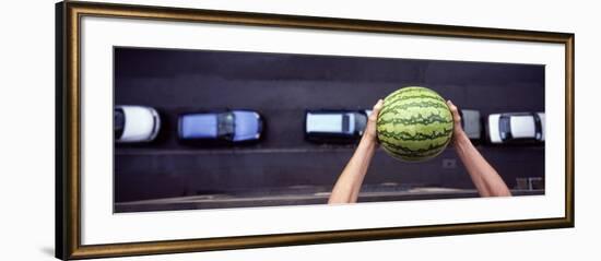Person Dropping a Watermelon from High Above onto a Street-null-Framed Photographic Print