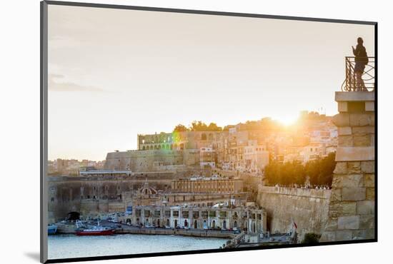 Person photographing the Grand Harbour in Valletta at dusk. Valletta, Malta, Mediterranean, Europe-Martin Child-Mounted Photographic Print