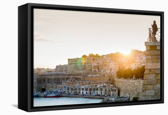 Person photographing the Grand Harbour in Valletta at dusk. Valletta, Malta, Mediterranean, Europe-Martin Child-Framed Premier Image Canvas