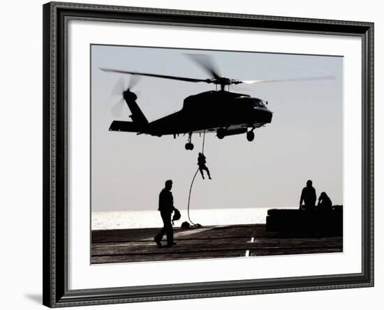 Personnel Fast-Rope out of an SH-60F Seahawk Helicopter-Stocktrek Images-Framed Photographic Print