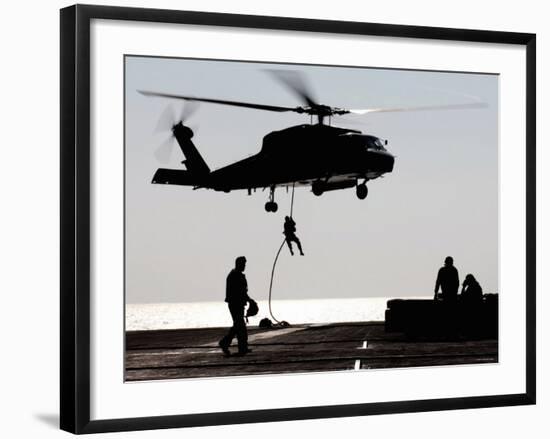 Personnel Fast-Rope out of an SH-60F Seahawk Helicopter-Stocktrek Images-Framed Photographic Print