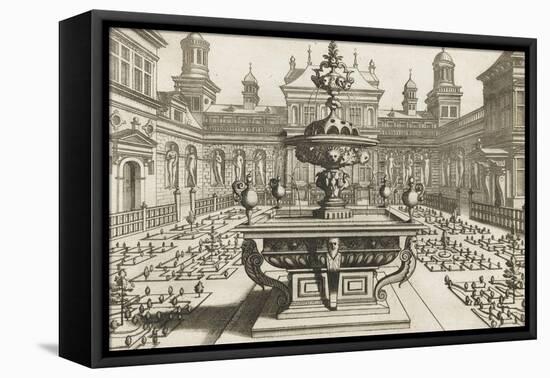 Perspective d'architecture avec parterres et fontaine-null-Framed Premier Image Canvas