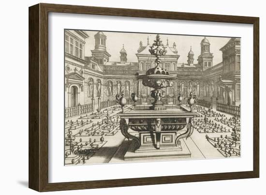 Perspective d'architecture avec parterres et fontaine-null-Framed Giclee Print