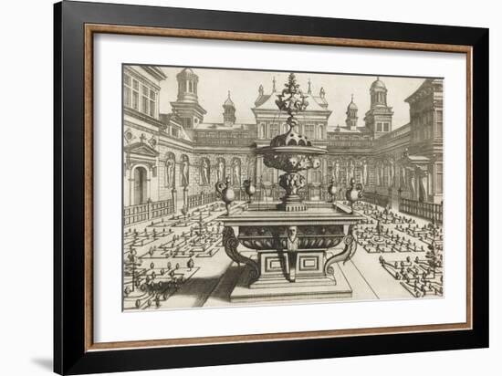 Perspective d'architecture avec parterres et fontaine-null-Framed Giclee Print