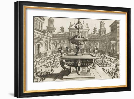 Perspective d'architecture avec parterres et fontaine-null-Framed Giclee Print