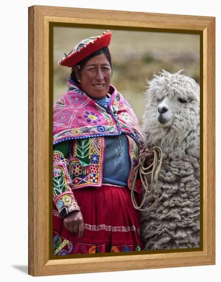 Peru, a Female with an Alpaca at Abra La Raya-Nigel Pavitt-Framed Premier Image Canvas