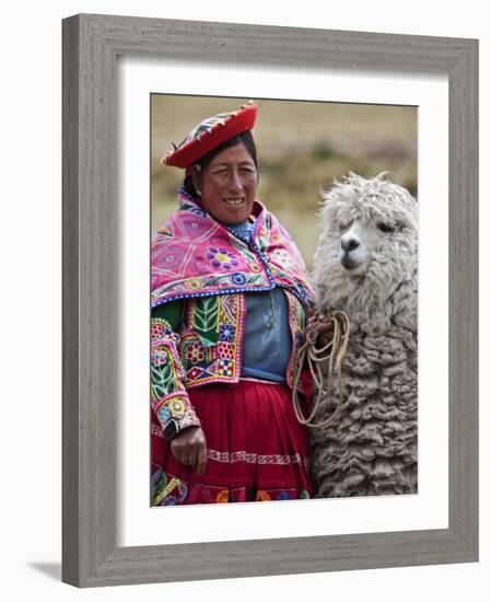 Peru, a Female with an Alpaca at Abra La Raya-Nigel Pavitt-Framed Photographic Print