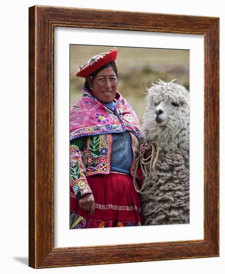 Peru, a Female with an Alpaca at Abra La Raya-Nigel Pavitt-Framed Photographic Print